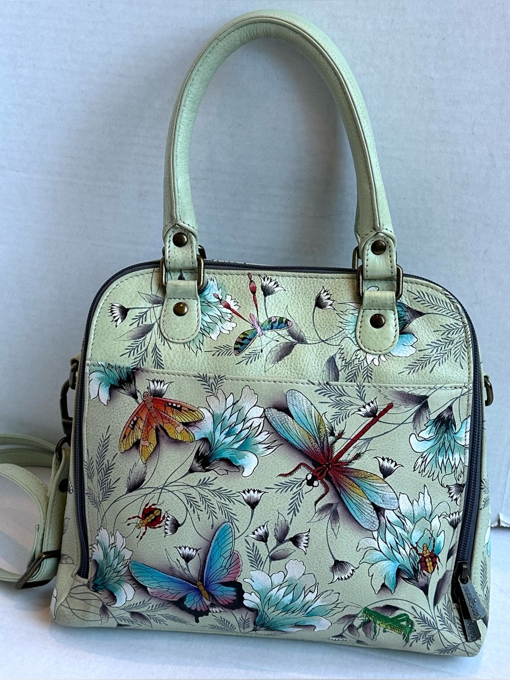 Anuschka Light Green Painted Floral Butterfly Dragonfly Leather Satchel Bag